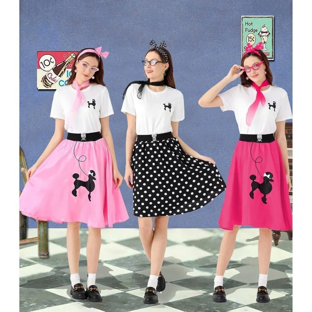 Women 10Pcs 1950s Poodle Skirt Outfit Set Retro Sock Hop Vintage Style